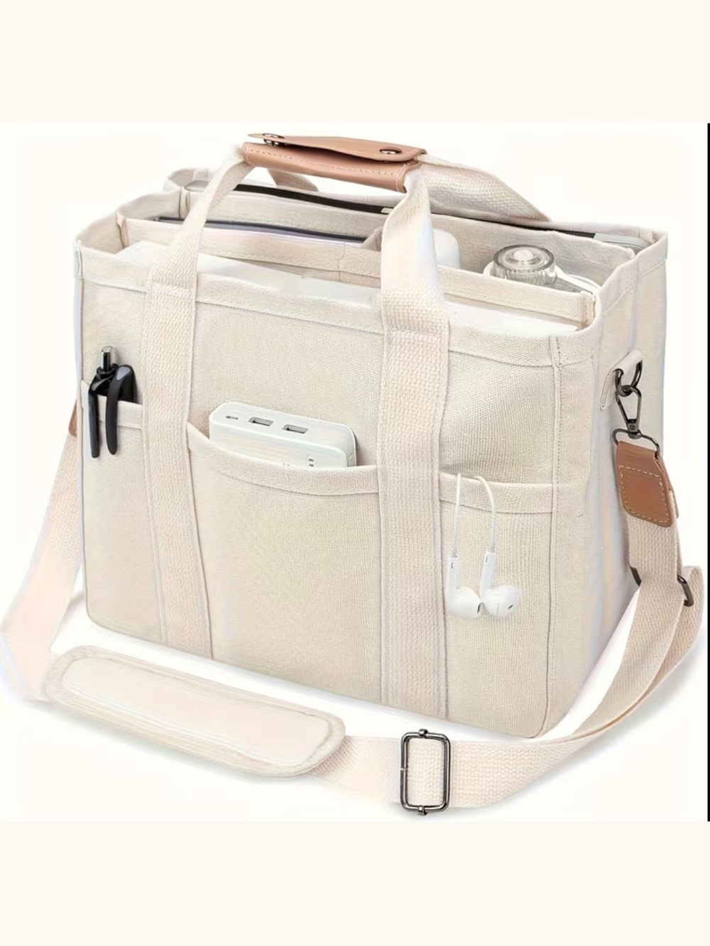Canvas Organizer Tote Bag in Cream - Multi-Pocket Home Storage